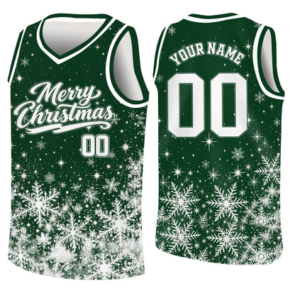 Green custom basketball jersey with snowflakes and sparkles, front view