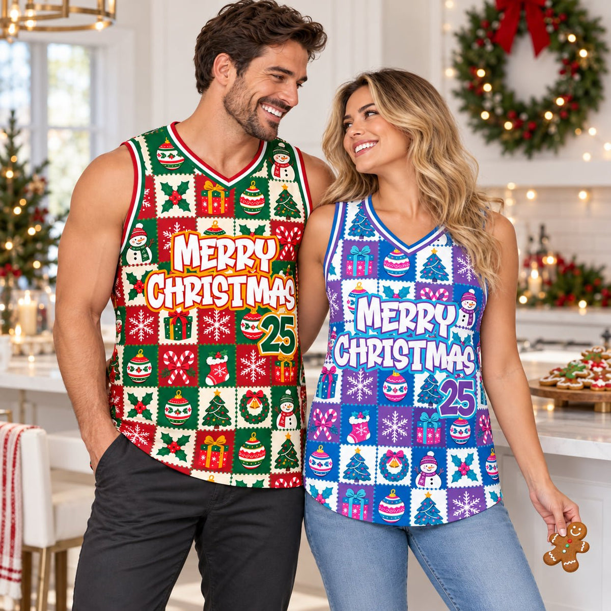 Adult styling the personalized holiday basketball jersey at a festive event