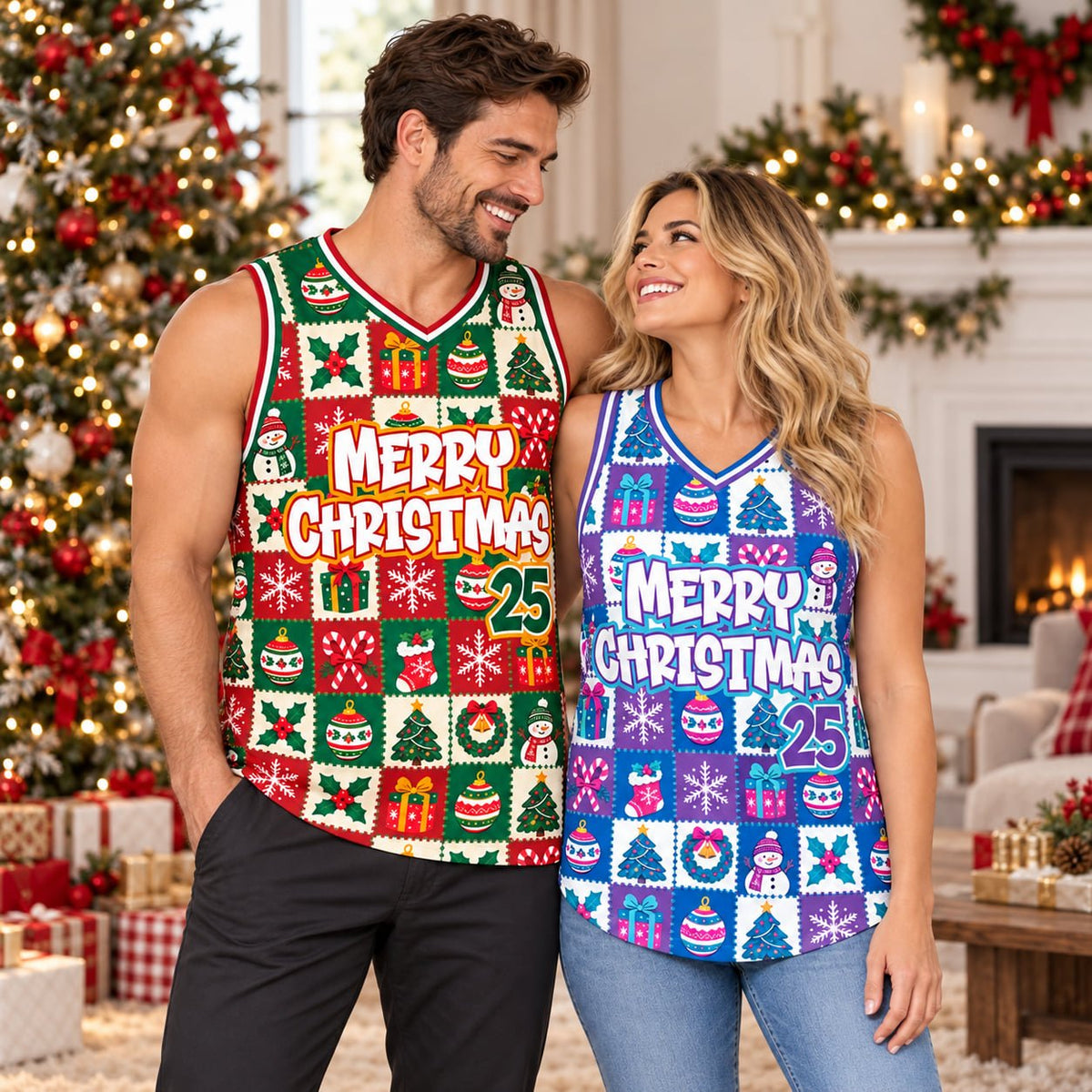 Adult wearing the festive Christmas basketball jersey outdoors