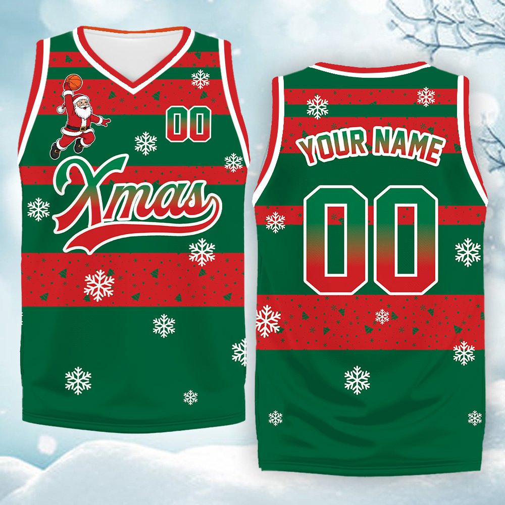 Close-up of the snowflake and Christmas tree pattern on the basketball jersey