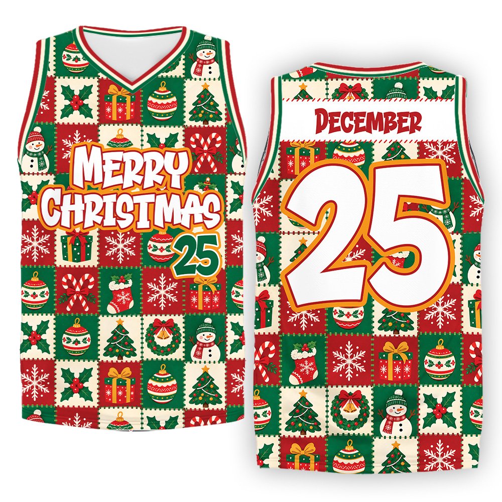 Close up of the holiday elements on the personalized basketball jersey front