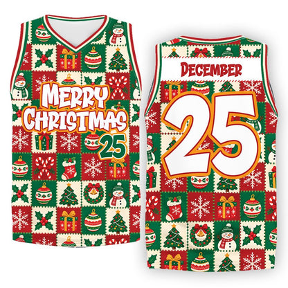 Close up of the holiday elements on the personalized basketball jersey front