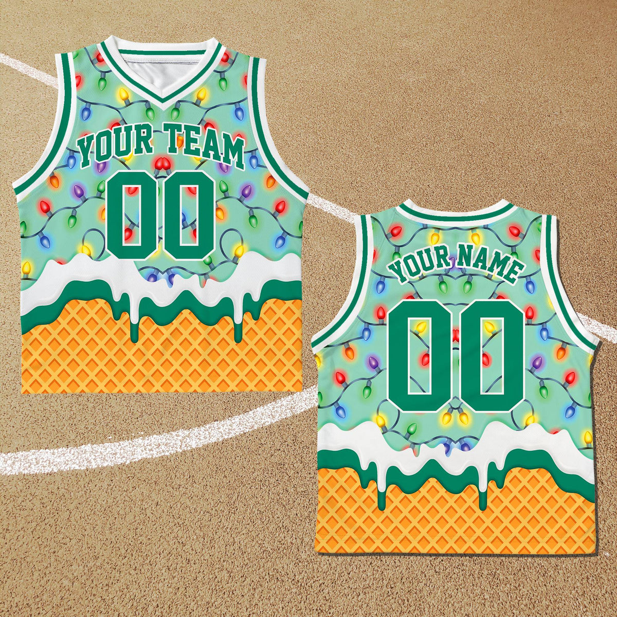 Another front angle of the multicolor custom basketball jersey