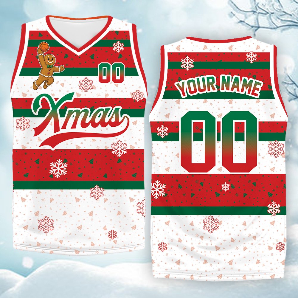 Full front view of the red christmas basketball jersey