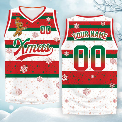 Full front view of the red christmas basketball jersey