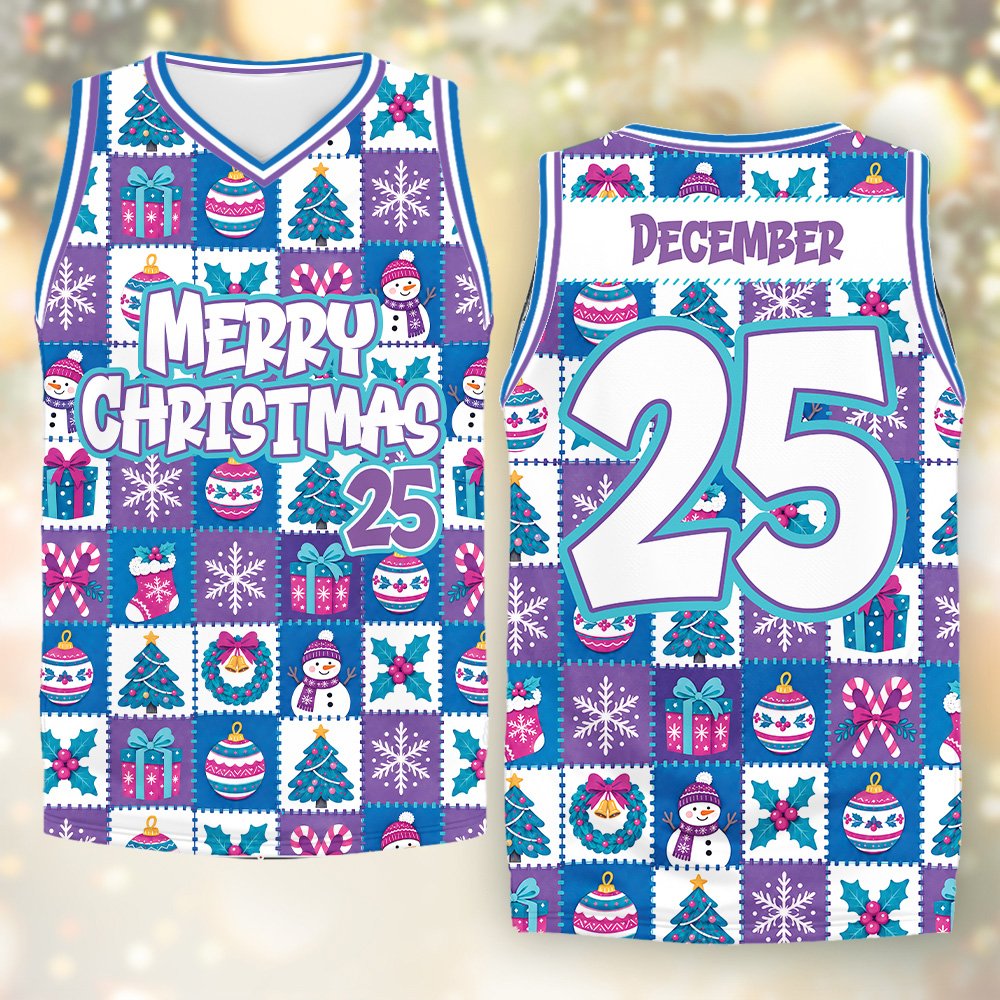 Personalized basketball jersey with holiday patchwork design, main view