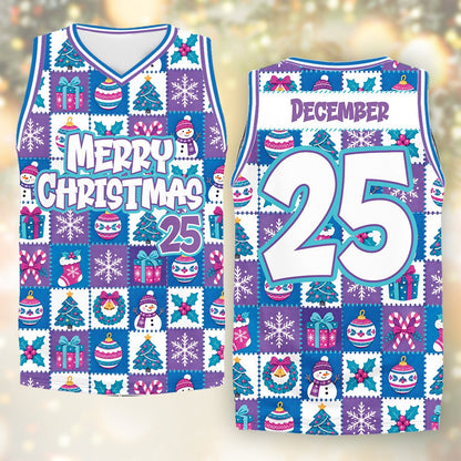 Personalized basketball jersey with holiday patchwork design, main view