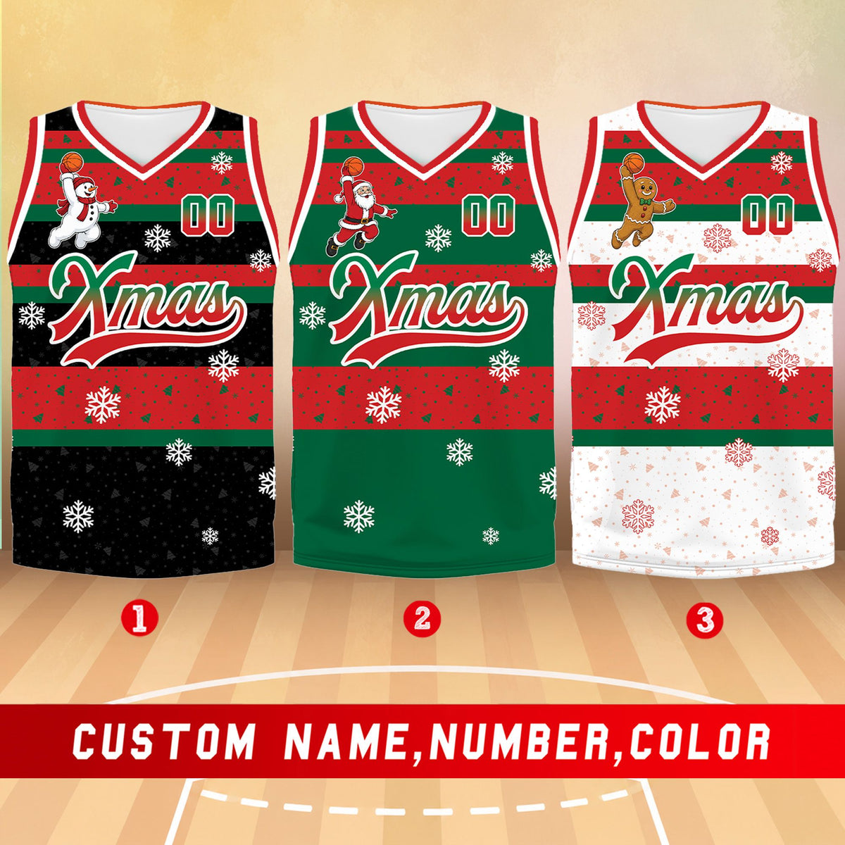 Main view of the personalized christmas basketball jersey featuring festive stripes and a character dunking