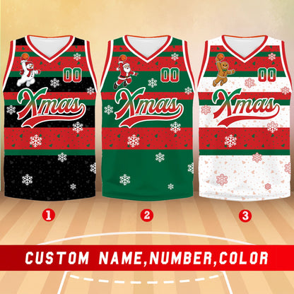 Main view of the personalized christmas basketball jersey featuring festive stripes and a character dunking