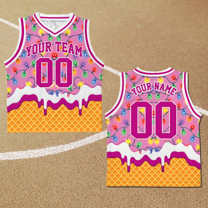 Personalized christmas basketball jersey featuring holiday lights and waffle texture, front view