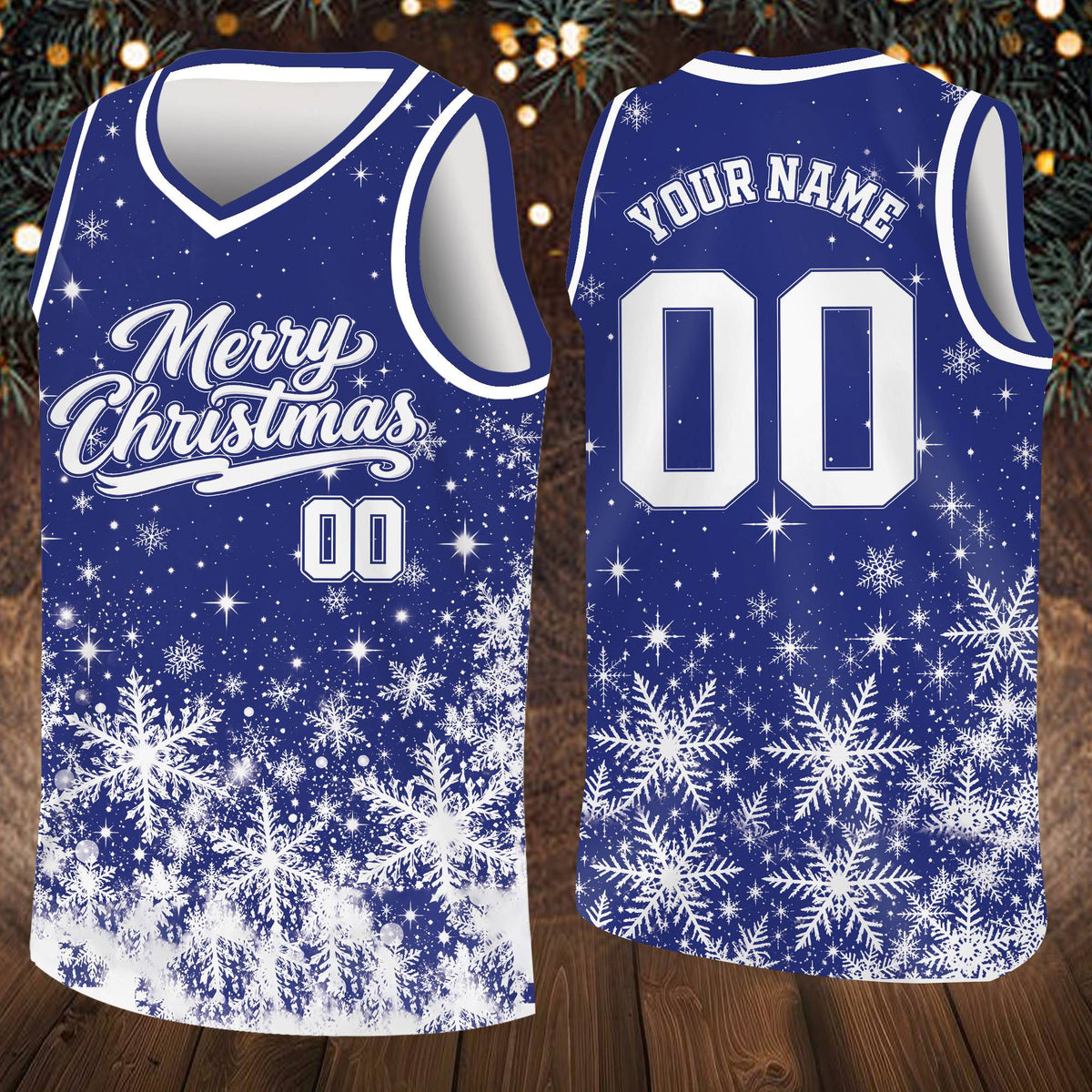 Navy personalized basketball jersey with Merry Christmas script, alternative front view