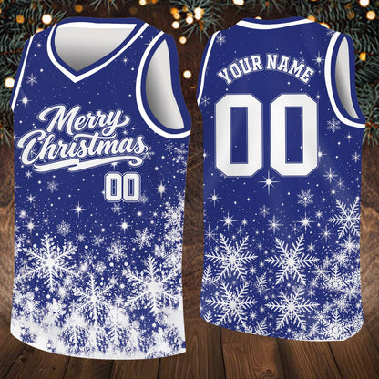 Navy personalized basketball jersey with Merry Christmas script, alternative front view