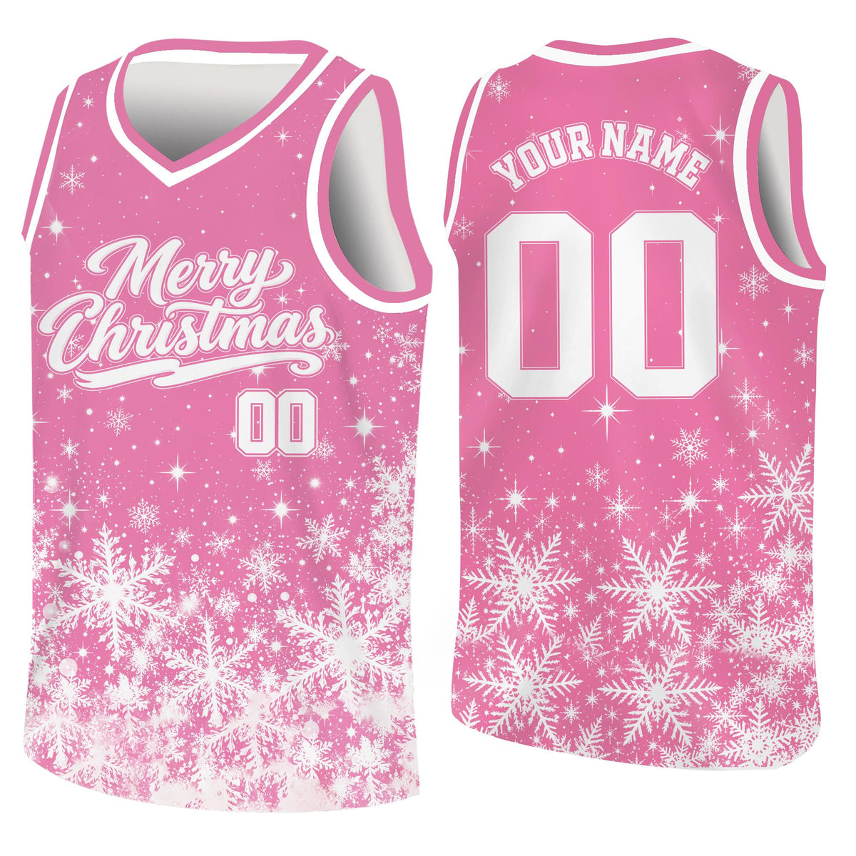 Pink personalized basketball jersey featuring Christmas snowflakes, front view