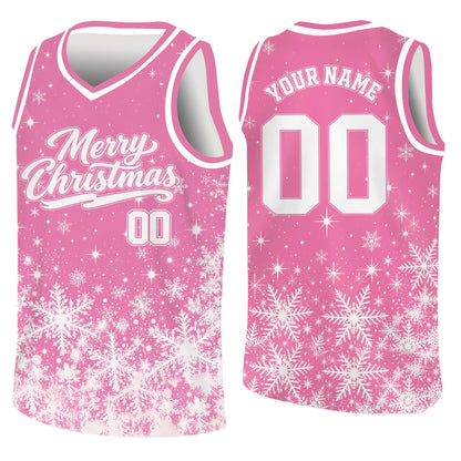 Pink personalized basketball jersey featuring Christmas snowflakes, front view
