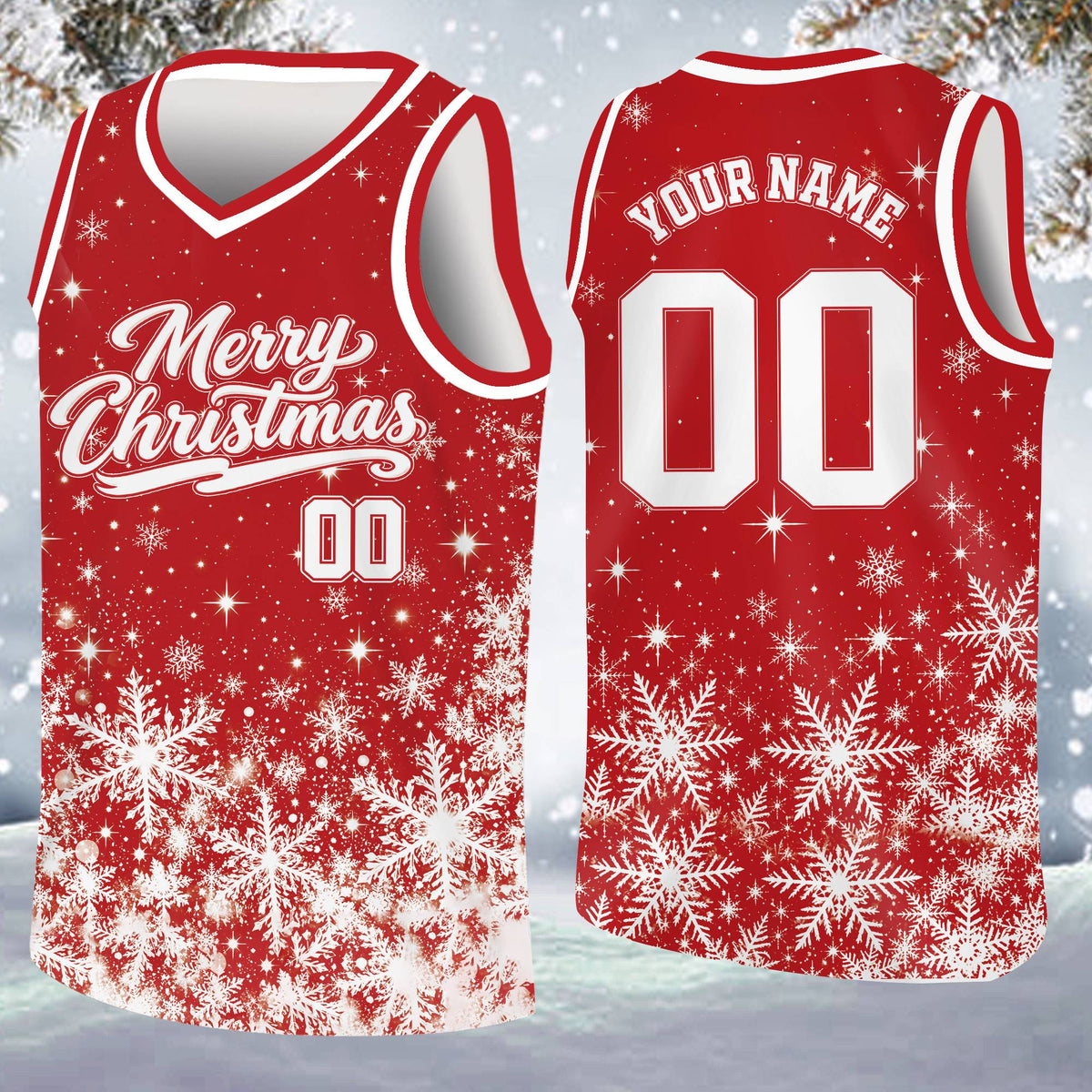 Red christmas basketball jersey with customizable details, alternative front view