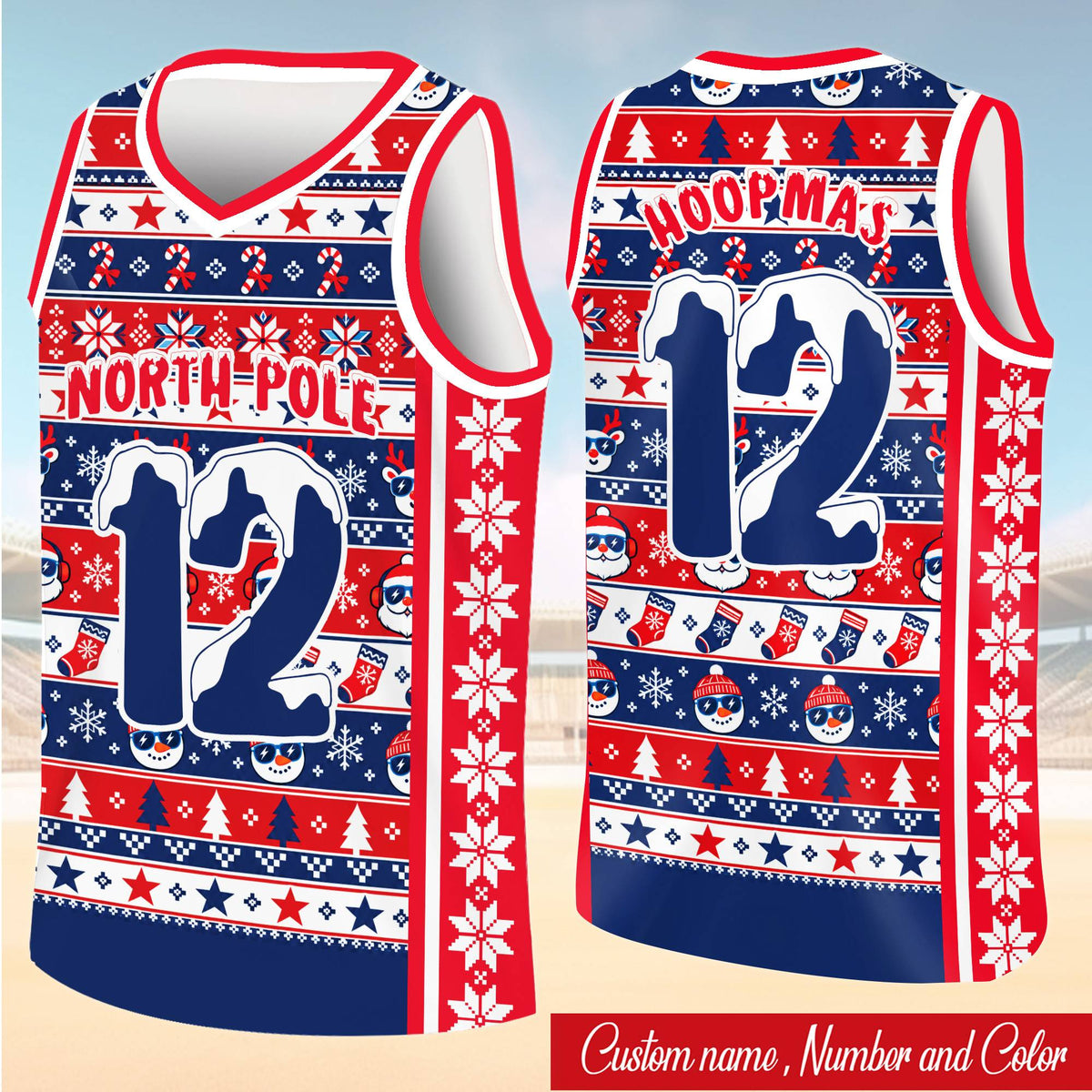 Detailed front view of the personalized basketball jersey with snow accents