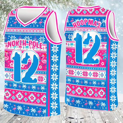Full front view of the multicolor holiday basketball jersey