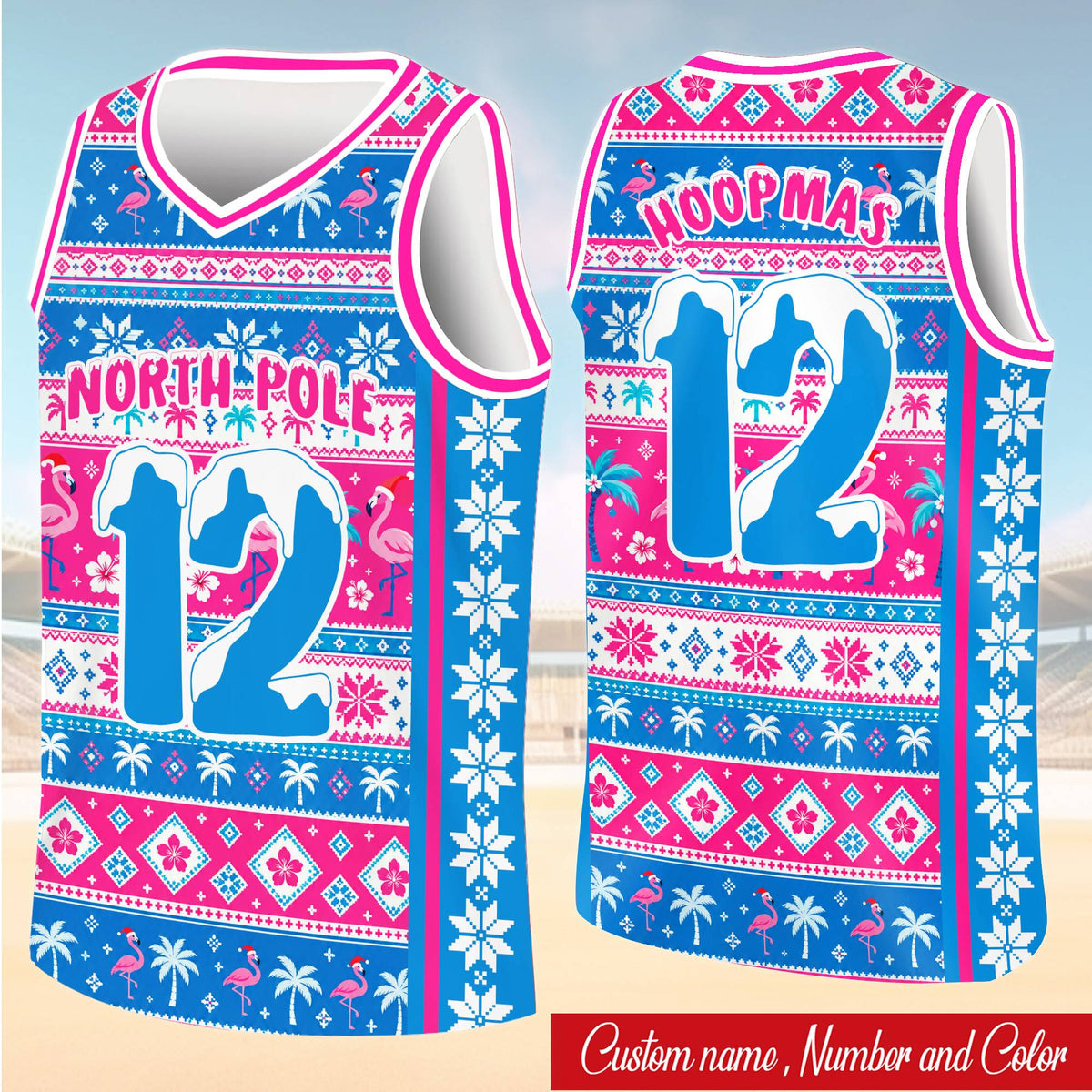 Main view of the multicolor christmas basketball jersey featuring a custom number on the front