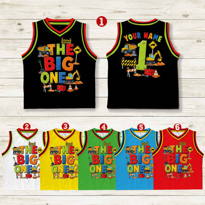 Detailed view of the front graphic on the black construction birthday basketball jersey