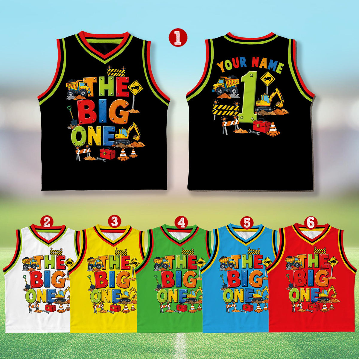 Front view of the personalized black construction basketball jersey displaying the construction birthday design