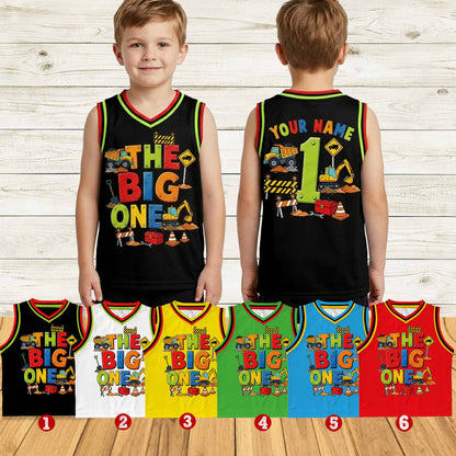 Second lifestyle image showing the black construction birthday basketball jersey in a casual setting
