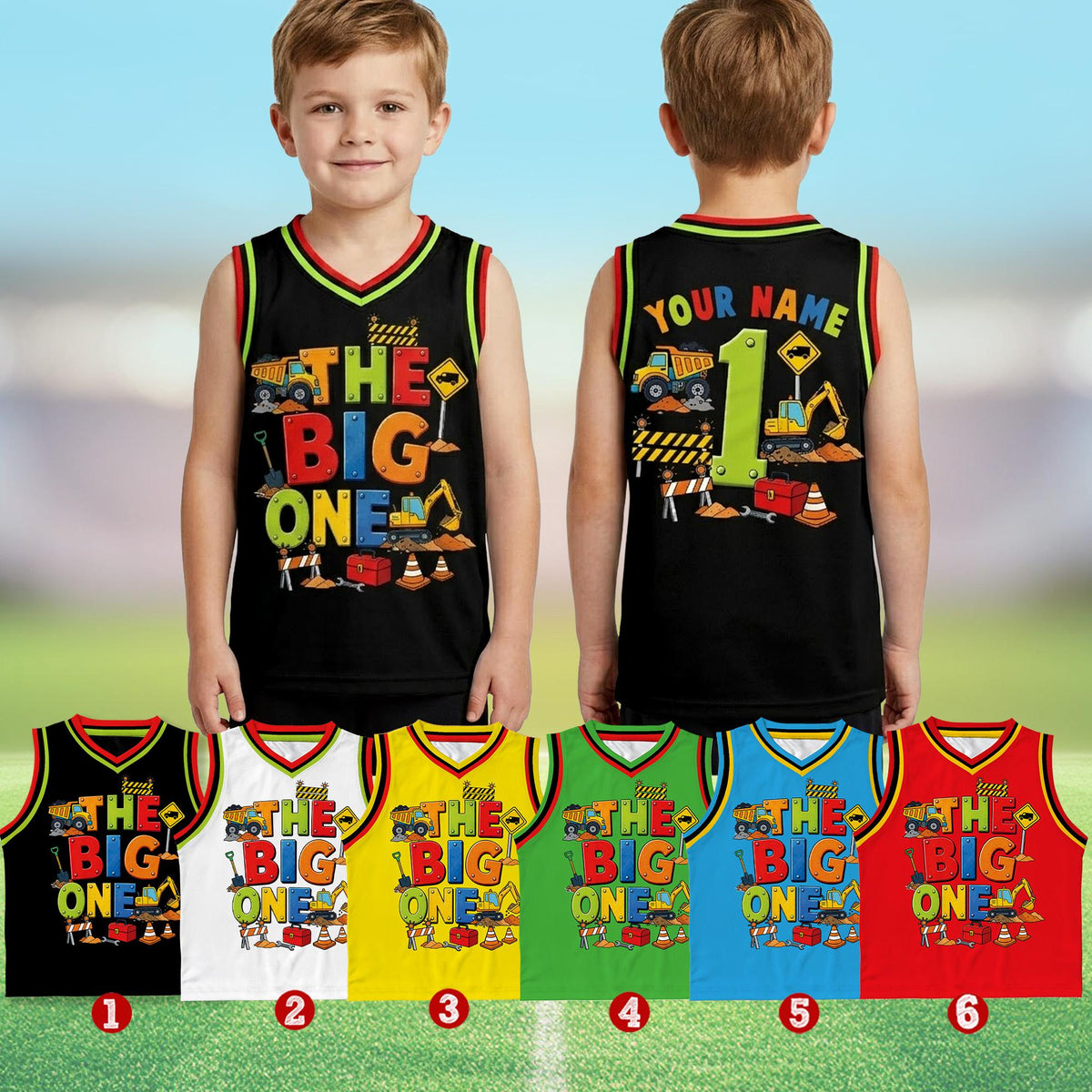 Lifestyle image showing the black construction birthday basketball jersey in use