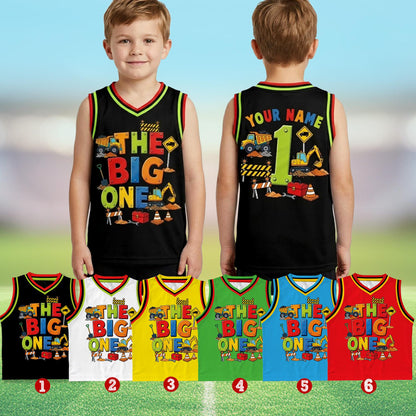 Lifestyle image showing the black construction birthday basketball jersey in use