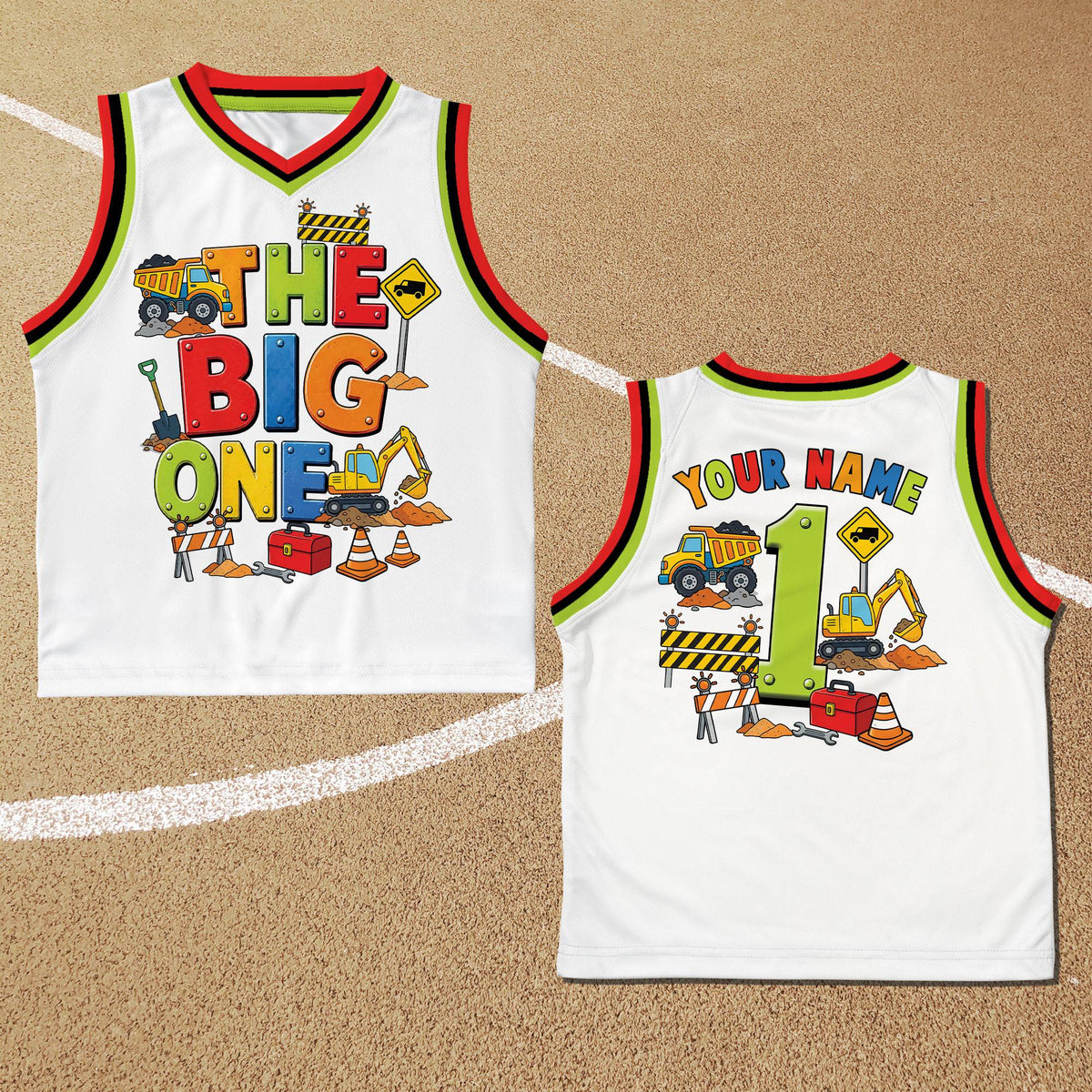 Front view of the white version of the personalized construction basketball jersey