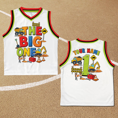 Front view of the white version of the personalized construction basketball jersey