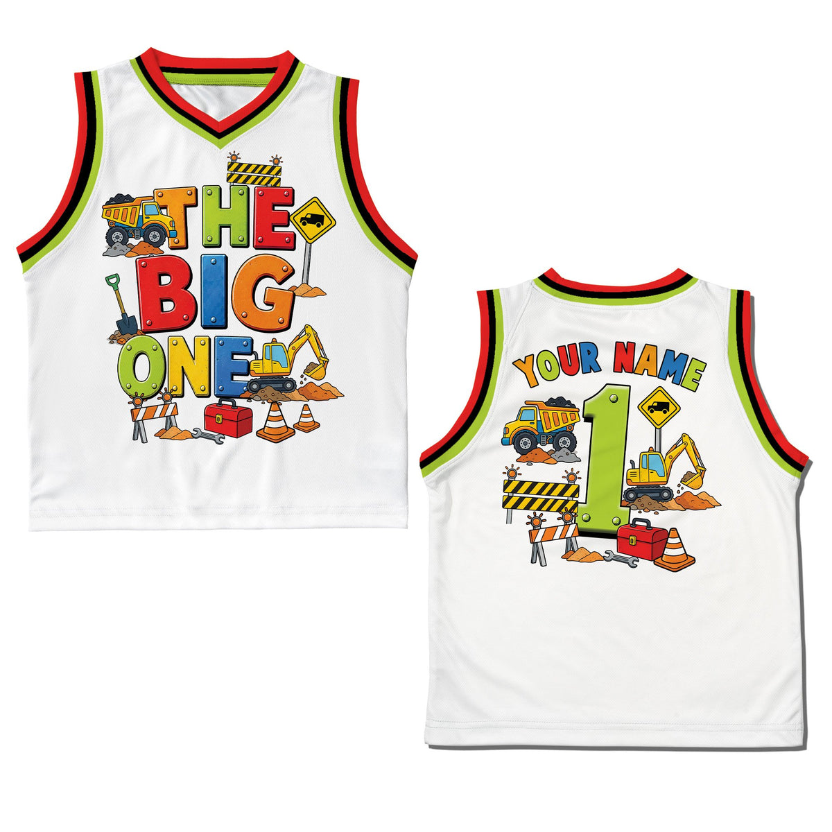 Additional front view of the white personalized construction birthday jersey