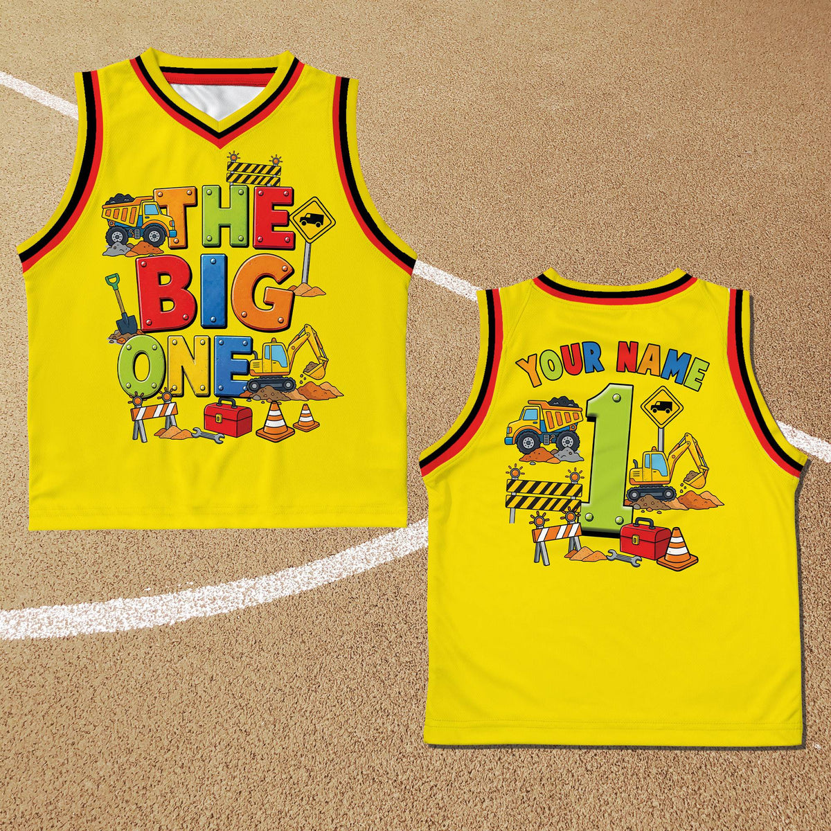 Front view of the yellow version of the personalized construction birthday jersey