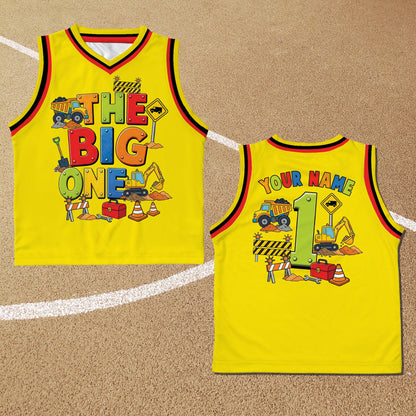 Front view of the yellow version of the personalized construction birthday jersey