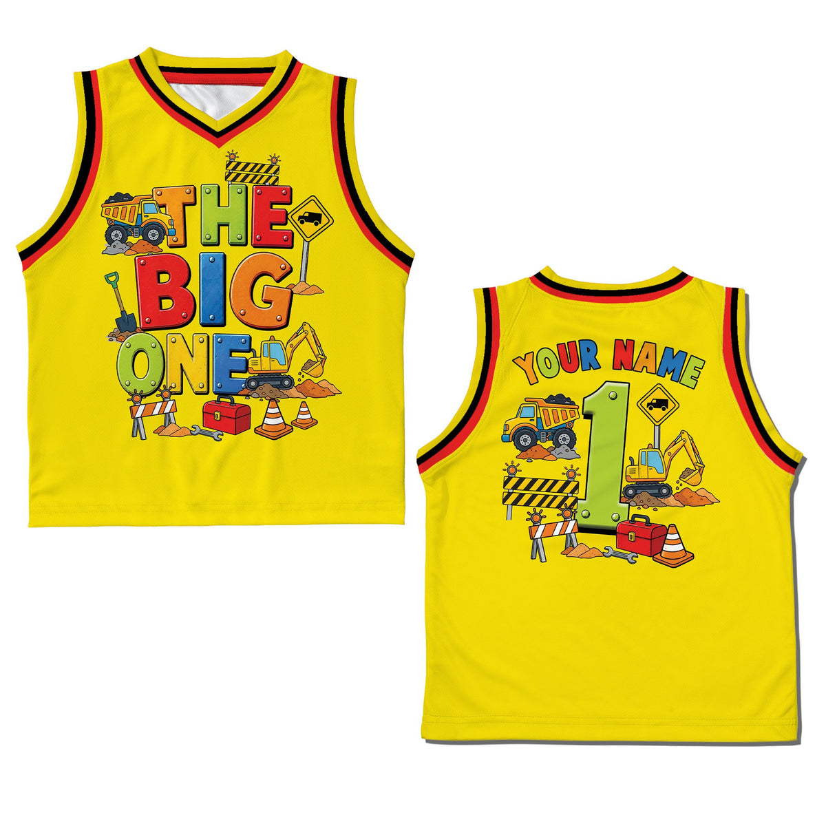 Another front view of the yellow personalized construction birthday basketball jersey