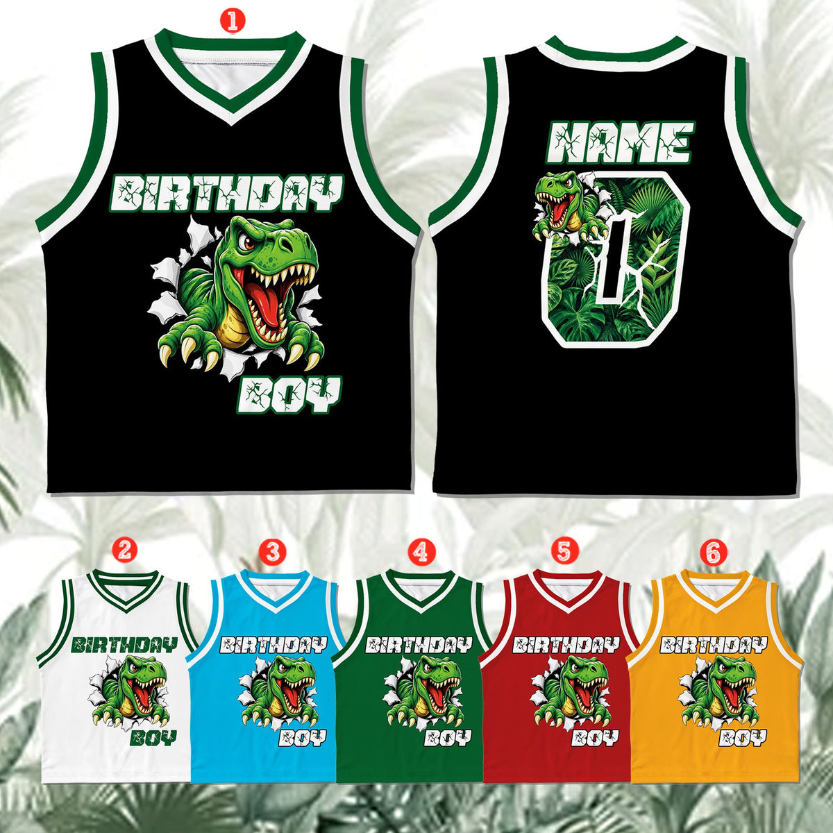 Detailed front view of the custom dinosaur birthday basketball jersey