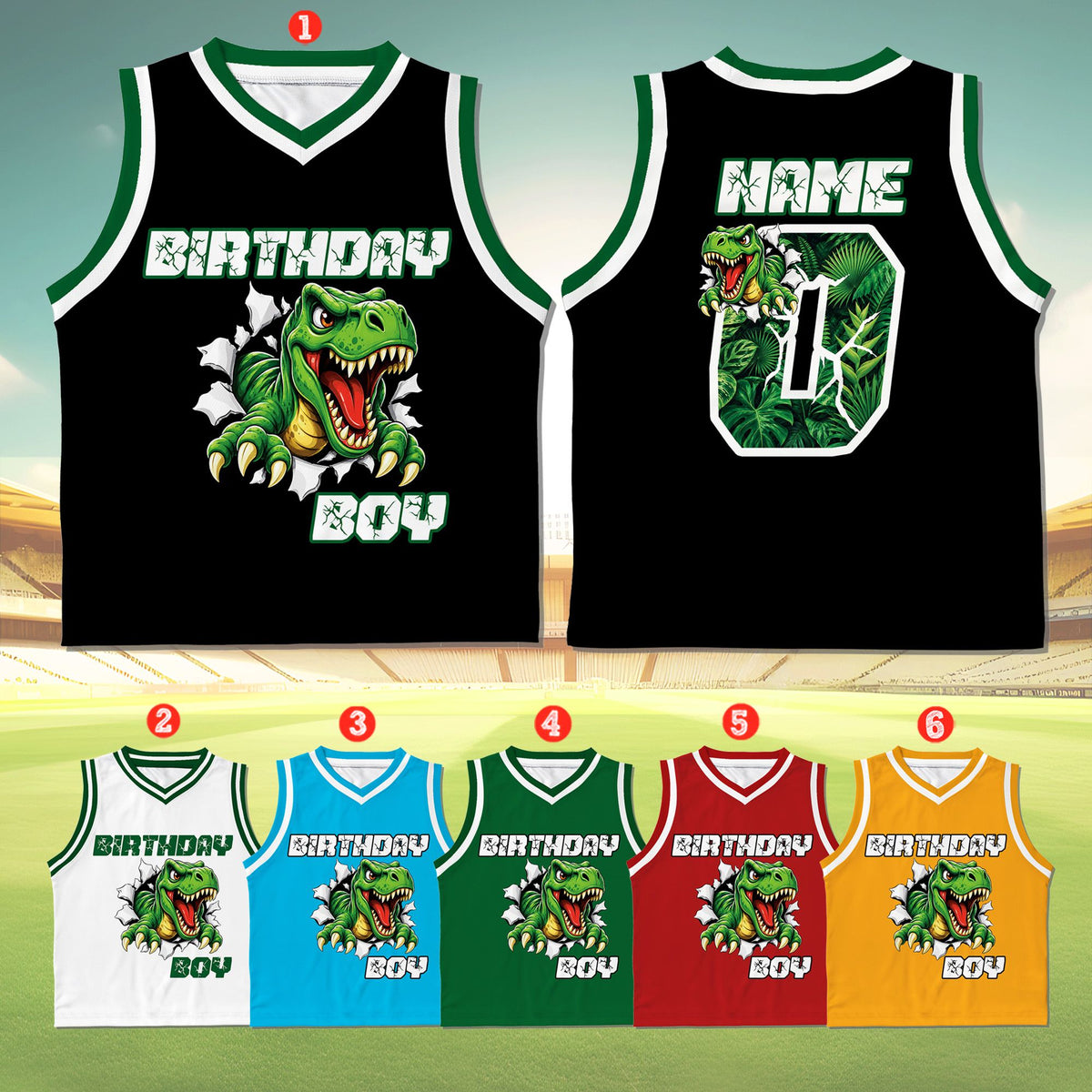 Close-up of the cartoon T-Rex design on the black basketball jersey