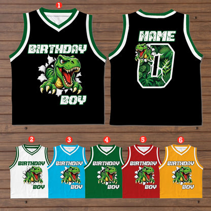 Collar and trim details on the black dinosaur basketball jersey