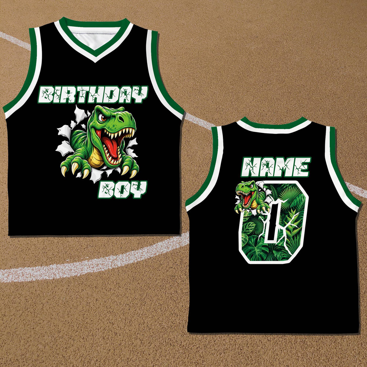 Side angle view of the black dinosaur basketball jersey