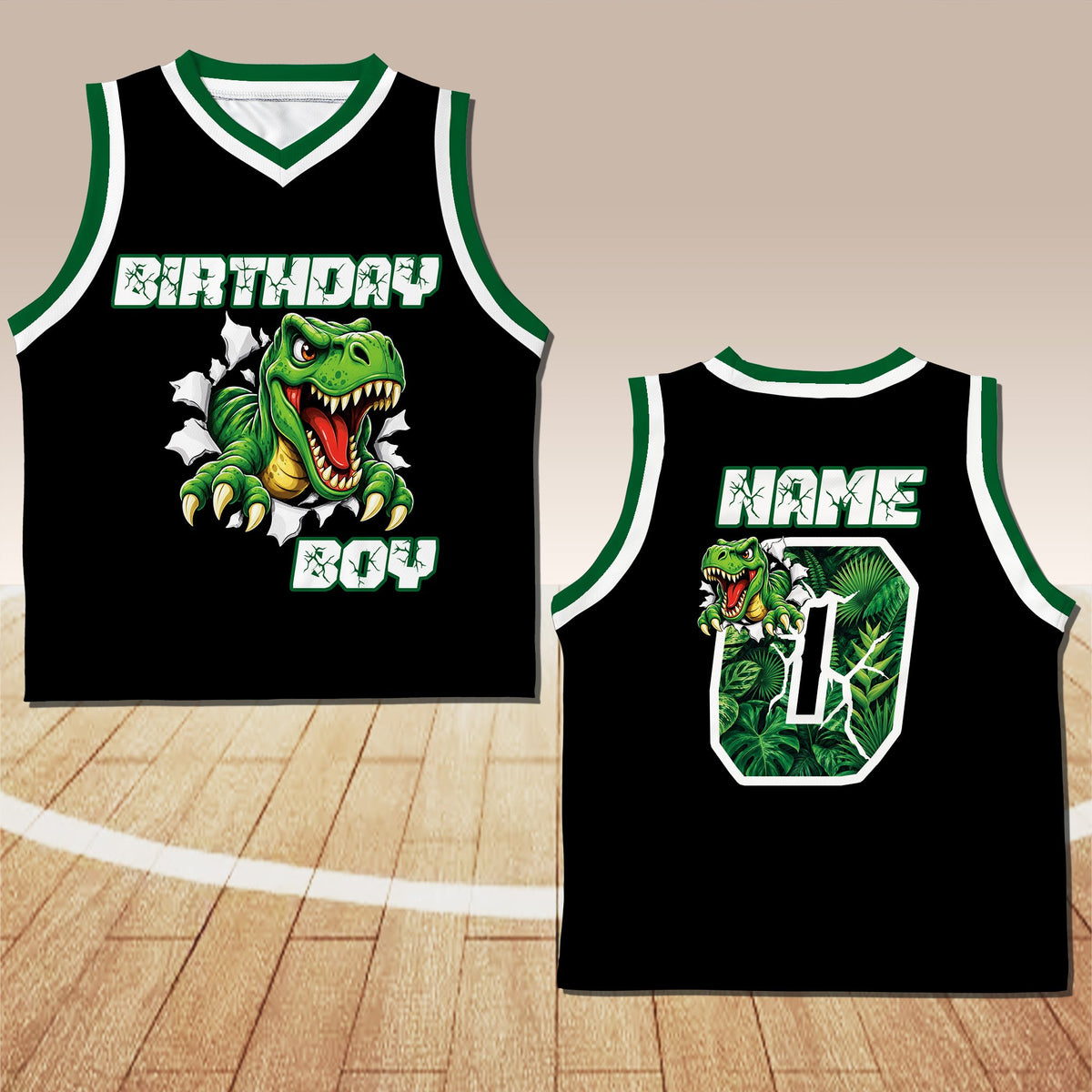 Back view of the personalized black dinosaur basketball jersey
