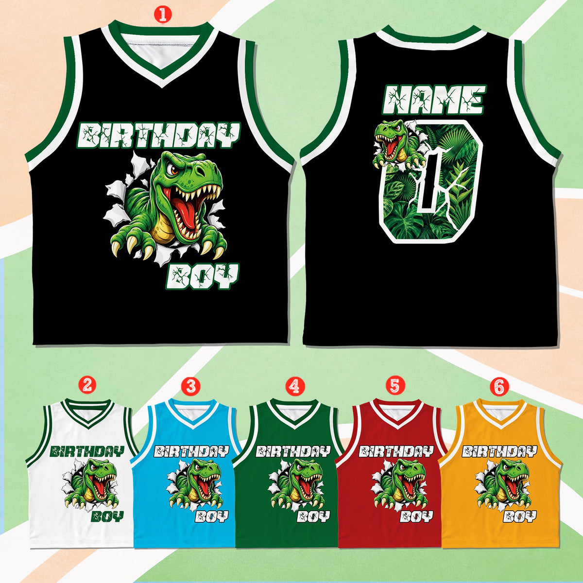 Personalized black dinosaur basketball jersey with T-Rex tearing through fabric, main view