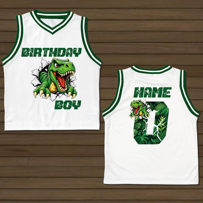 Front view of the dinosaur birthday basketball jersey in white