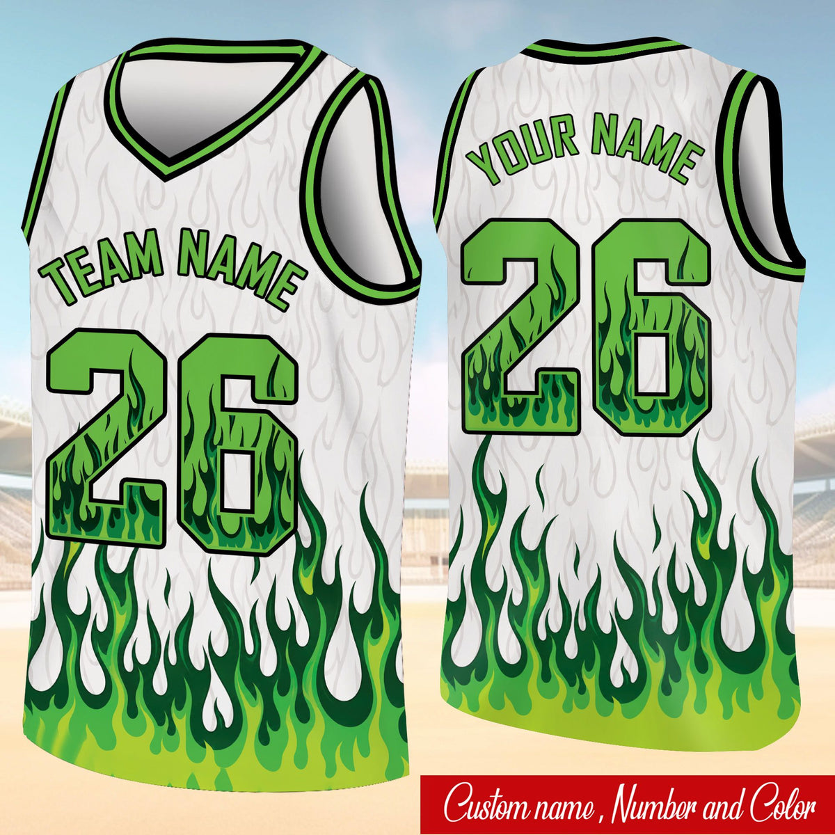 Personalized white flame basketball jersey with neon green accents, custom name and number front view