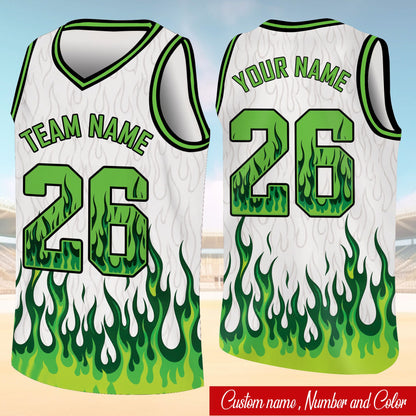 Personalized white flame basketball jersey with neon green accents, custom name and number front view