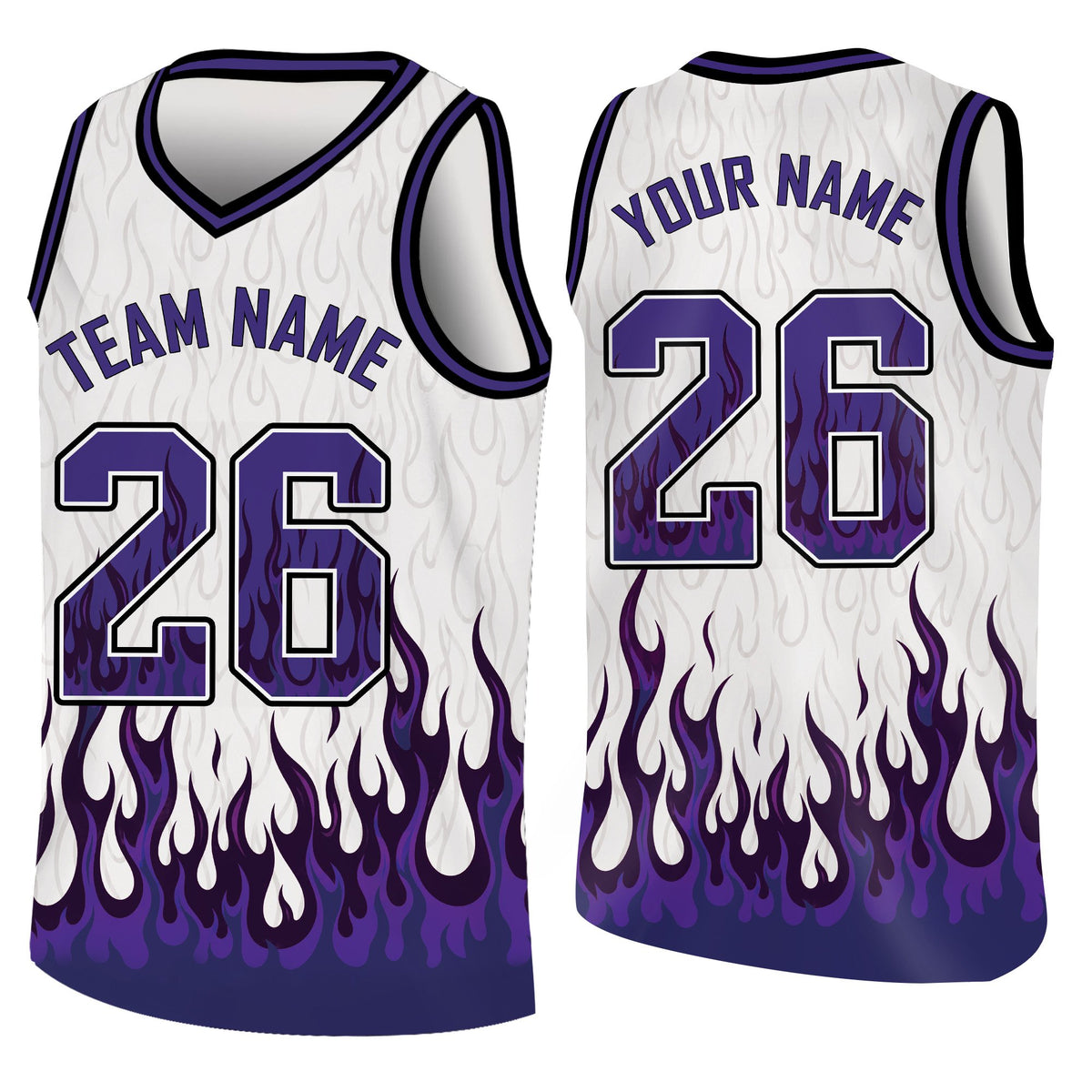 Custom basketball jersey in white with flame design, front view variant 2