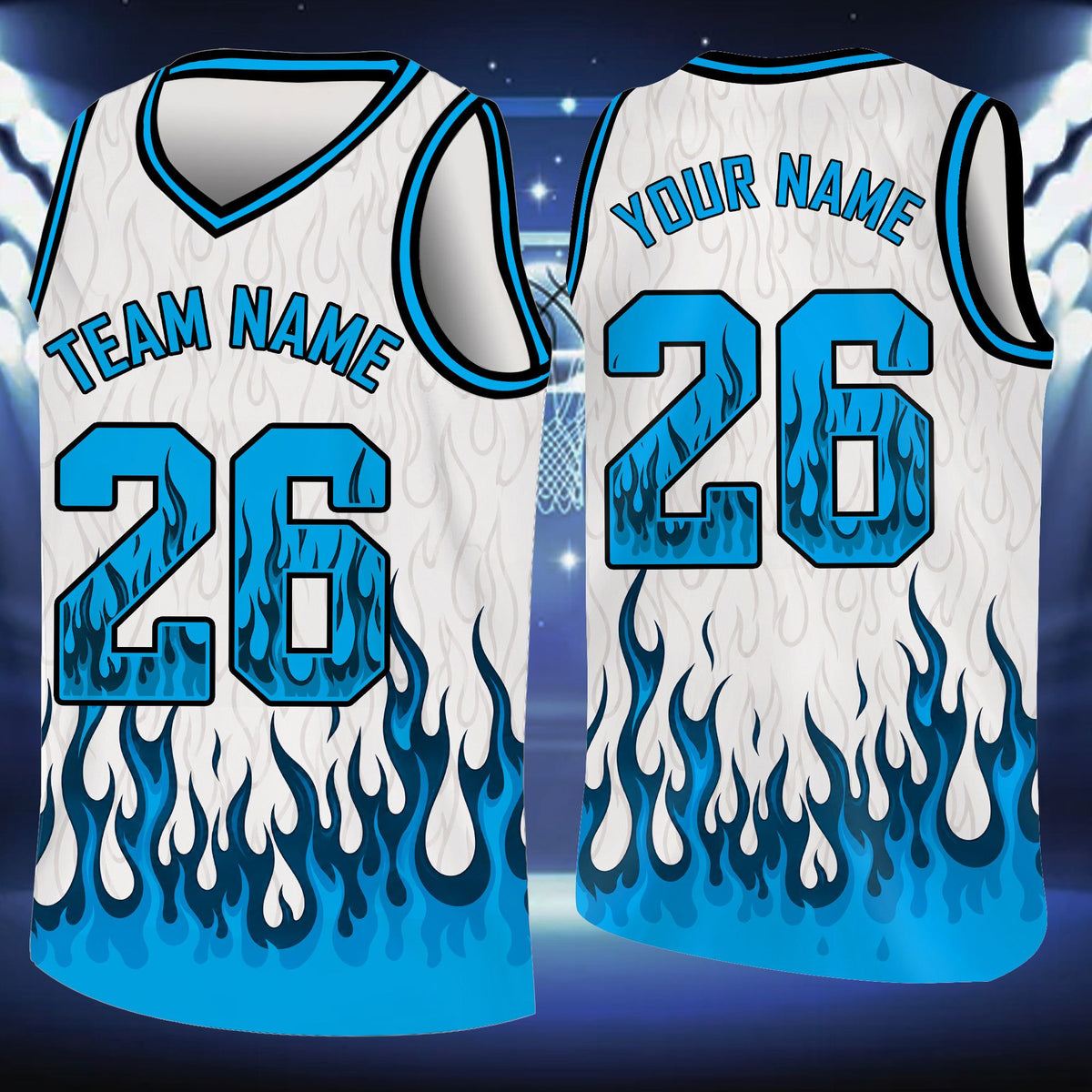 Custom basketball jersey in white with flame design, front view variant 3