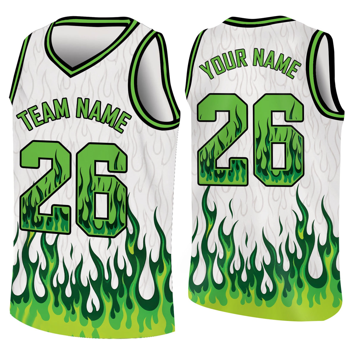 Custom basketball jersey in white with flame design, front view variant 4
