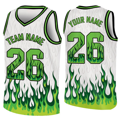 Custom basketball jersey in white with flame design, front view variant 4