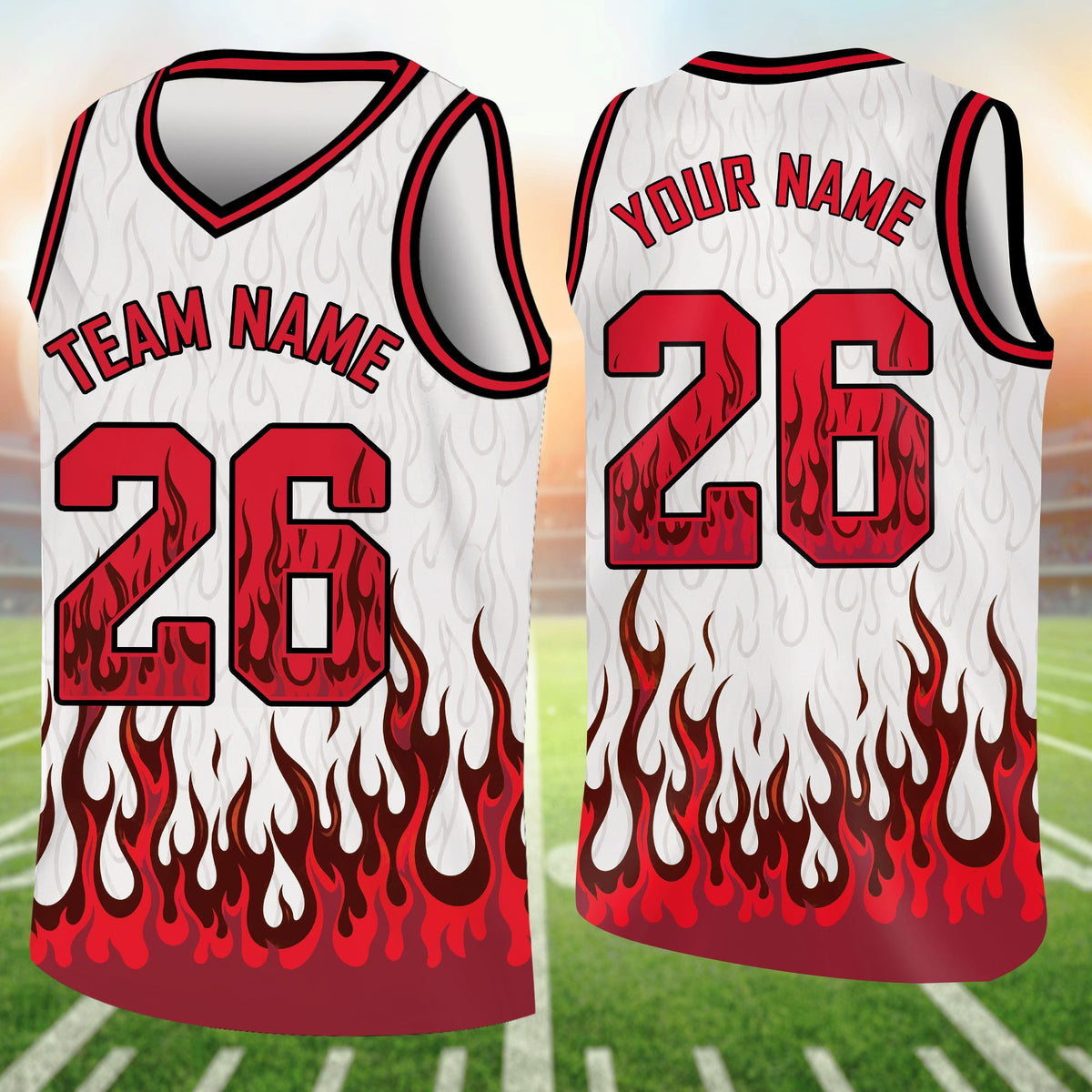 Custom basketball jersey in white with flame design, front view variant 5