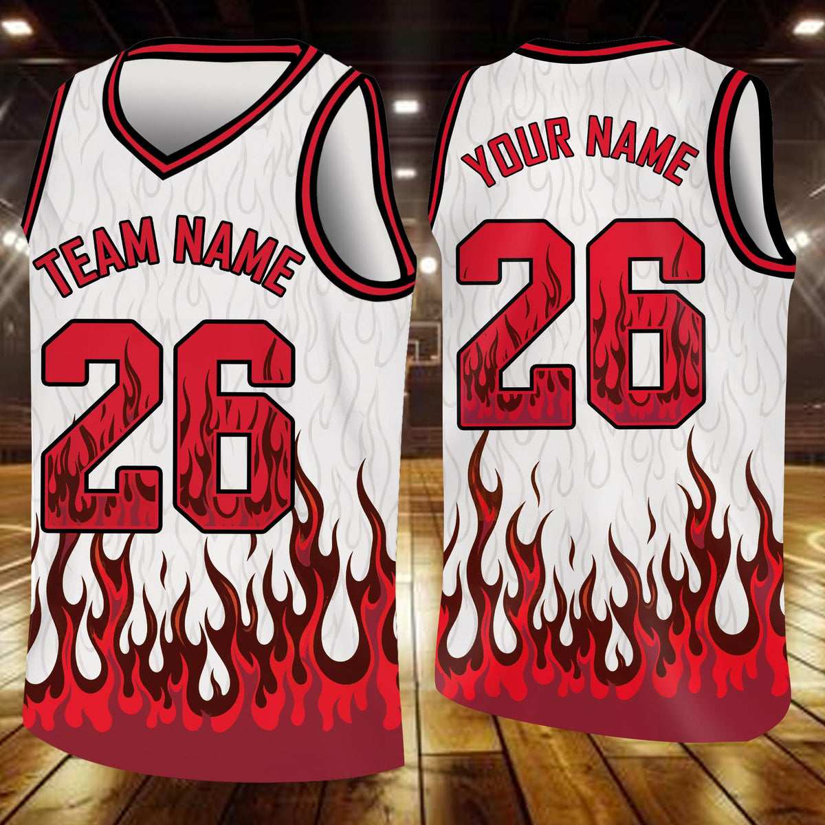 Custom basketball jersey in white with flame design, front view variant 6
