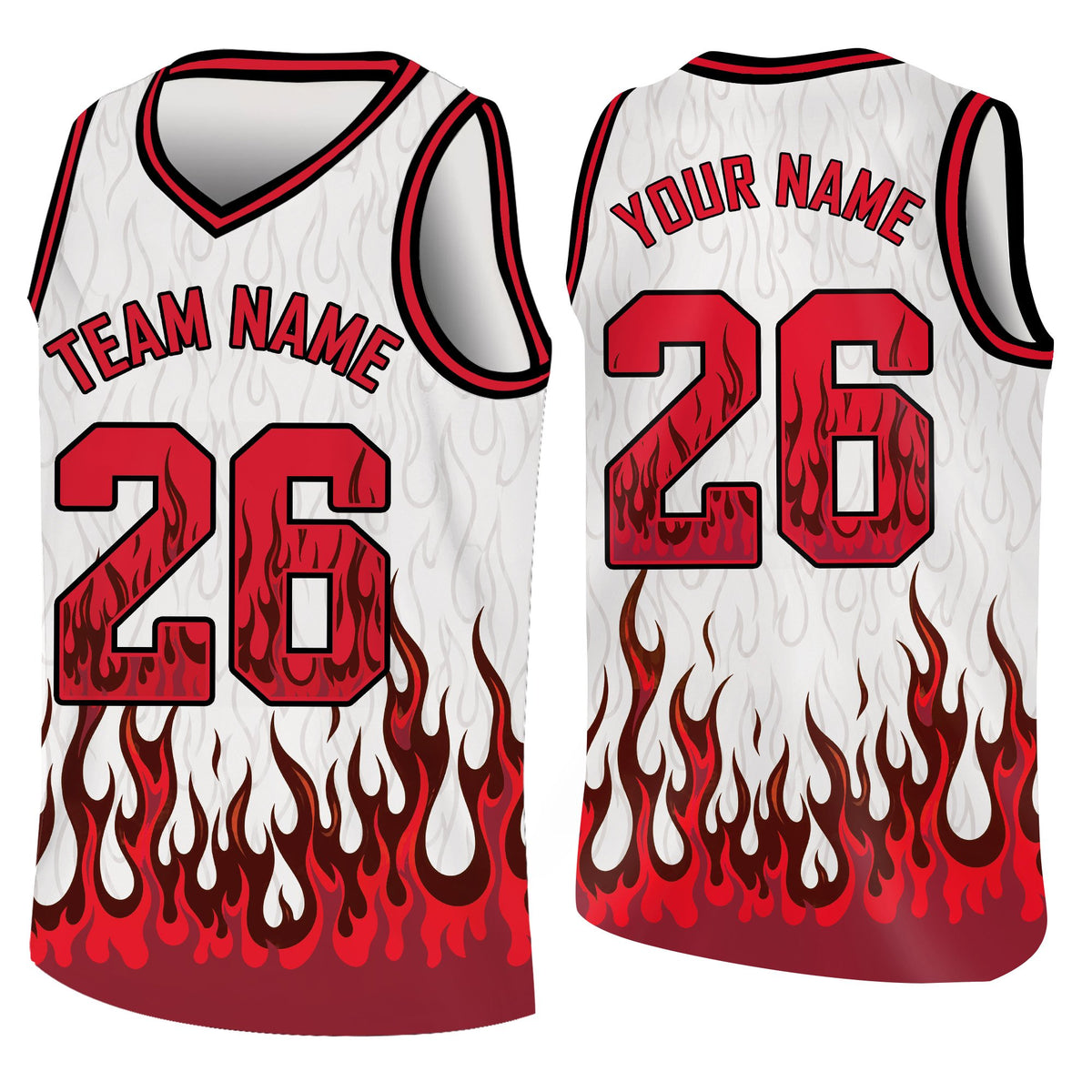 Custom basketball jersey in white with flame design, front view variant 7