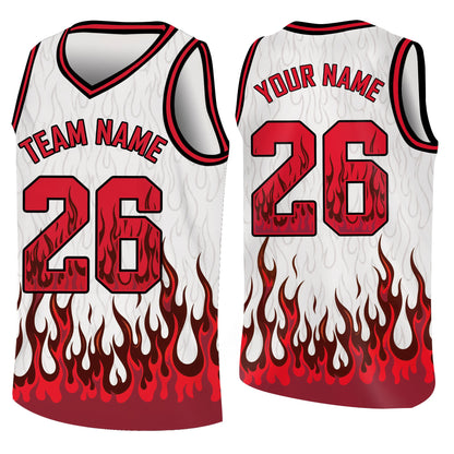 Custom basketball jersey in white with flame design, front view variant 7